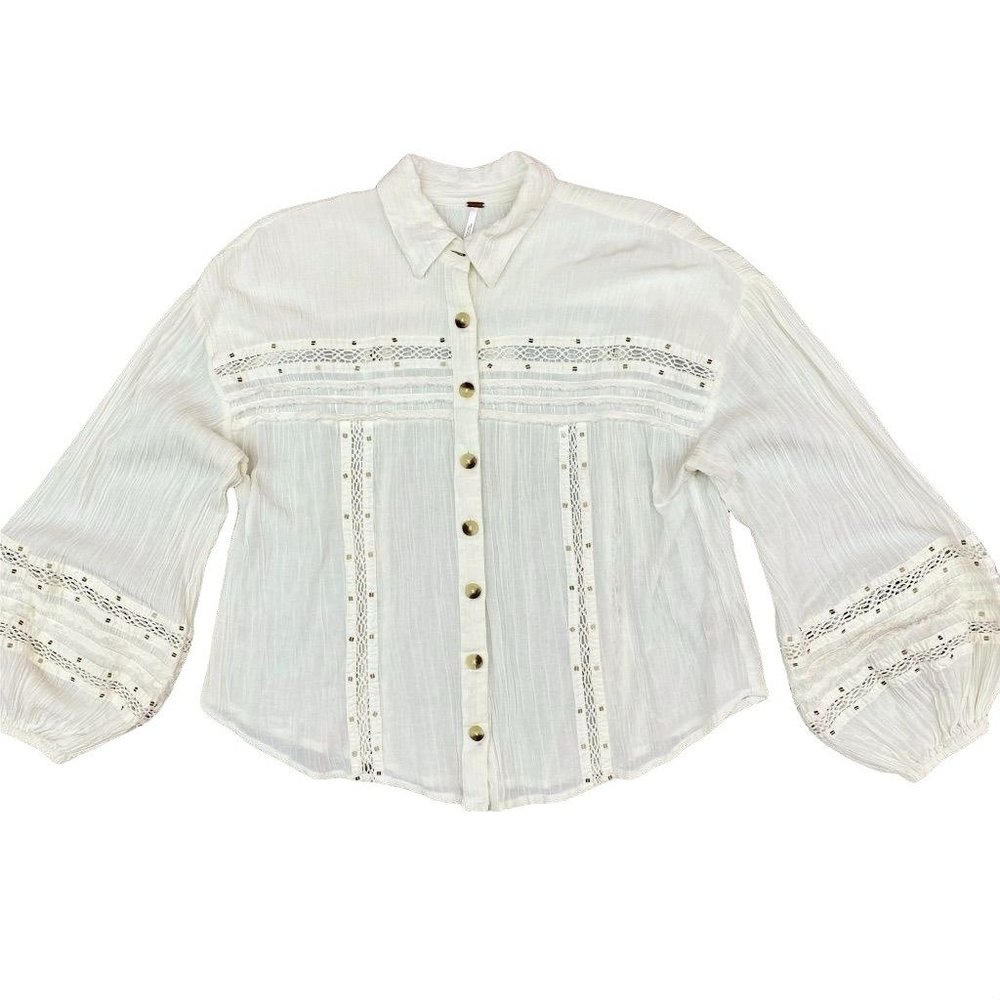 Free people Lantern Sleeve Ivory Lace Trim Blouse  S